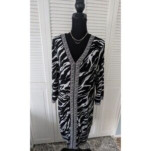 Dana Buchman Shift Dress Women 1X Animal Print Black White V-neck Long Sleeve